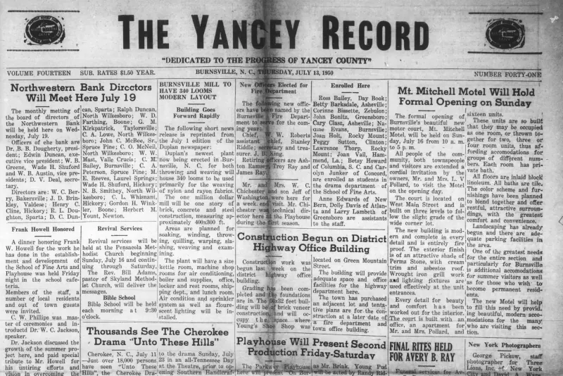 Yancey Record newspaper clipping from the grand opening of the Mt. Mitchell Motel, July 16, 1950