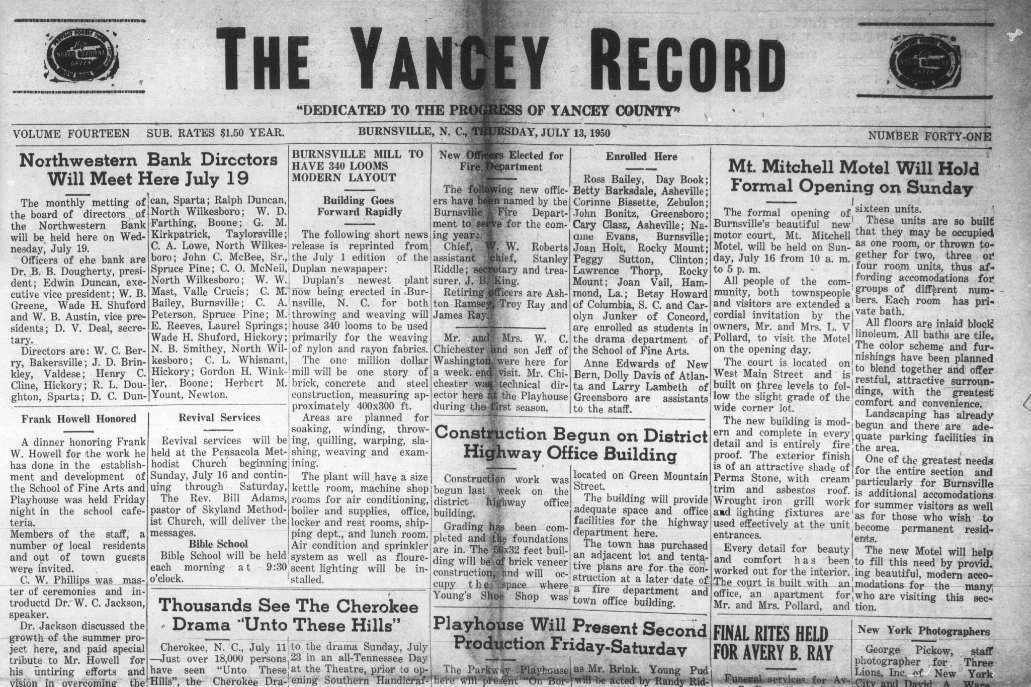 Yancey Record newspaper clipping from the grand opening of the Mt. Mitchell Motel, July 16, 1950